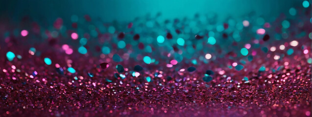 Abstract glitter aquamarine, maroon, fuchsia lights background. De-focused. Banner.
