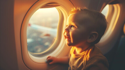 Fototapeta na wymiar Happy toddler boy traveling by airplane