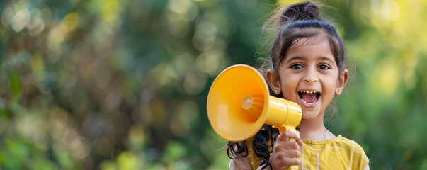 Happy Eastern Indian girl holding a megaphone - obrazy, fototapety, plakaty