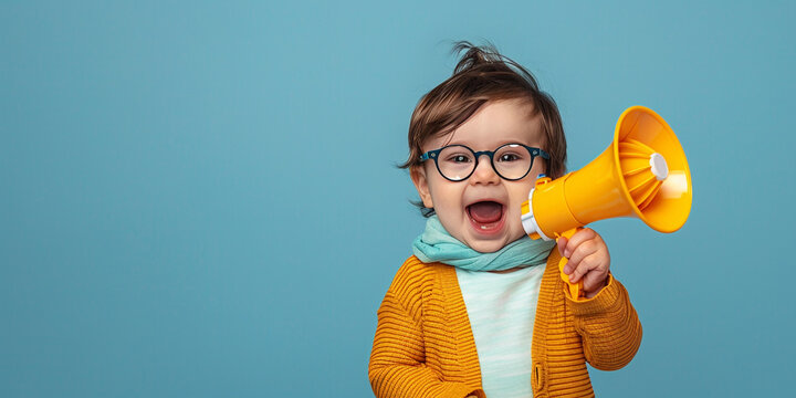 Happy baby boy holding a megaphone