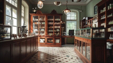 A vintage-inspired interior of an empty modern pharmacy, with retro decor and old-fashioned display cases - obrazy, fototapety, plakaty