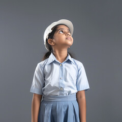 A indian girl kid student in blue skirt and light blue shirt, indian goverment school,