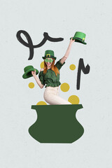 Composite vertical collage picture of overjoyed girl dance inside cauldron st patrick day isolated...