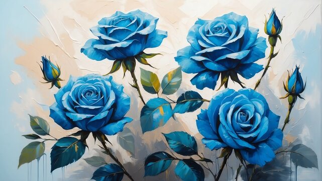 blue roses flower close-up pastel oil pallet knife paint painting on canvas with large brush strokes modern art illustration abstract from Generative AI