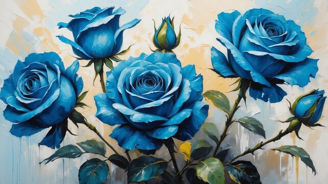 blue roses flower close-up pastel oil pallet knife paint painting on canvas with large brush strokes modern art illustration abstract from Generative AI