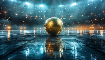 Golden Soccer Ball in Spotlight on Stadium Field
