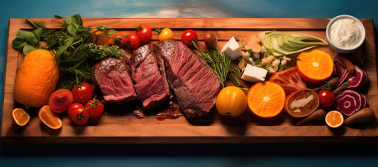 Wooden cutting board with meat and veggies