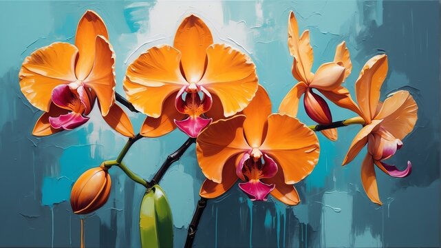 orange orchid flower close-up pastel oil pallet knife paint painting on canvas with large brush strokes modern art illustration abstract from Generative AI