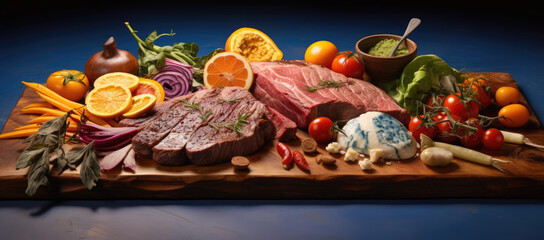 Wooden cutting board with meat and vegetables