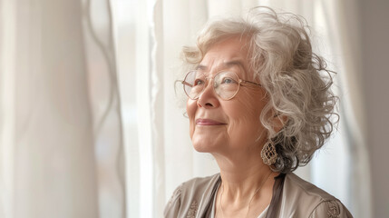 Happy blonde old senior Chinese woman in elegant glasses looking away home portrait, white tone