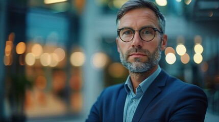 Fototapeta premium A man with a beard and glasses standing in front of blurry lights, AI