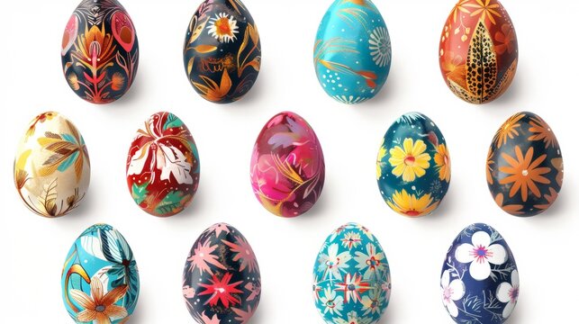 Collection of colourful hand painted decorated easter eggs on white background cutout file. Pattern and floral set. Many different design. Mockup template for artwork design