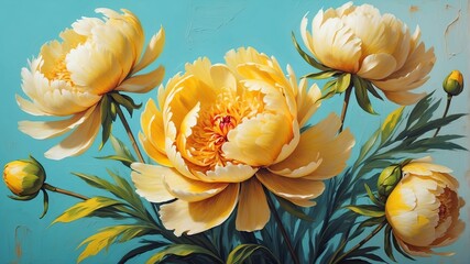 yellow peony flower close-up pastel oil pallet knife paint painting on canvas with large brush strokes modern art illustration abstract from Generative AI