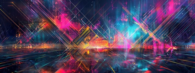 Glowing geometric shapes interlaced with neon lights set against a futuristic scenery, emanating vibrant energy and movement. - obrazy, fototapety, plakaty
