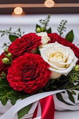 A bouquet mixed with red carnations and white roses, adorned with ribbon