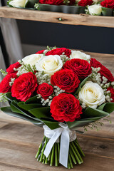 A bouquet mixed with red carnations and white roses, adorned with ribbon
