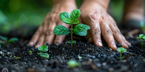 A persons hands planting a young tree in the ground symbolizing environmental protection and reforestation efforts. Concept Environmental Protection, Reforestation Efforts, Tree Planting