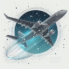 A creative piece of artwork depicting an airplane surrounded by a swirl of stars and geometric patterns. This image symbolizes the concept of air travel and connectivity.