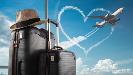 A pair of suitcases stacked on top of each other with a straw hat placed atop, set against a backdrop of a clear sky. A plane can be seen flying past, leaving contrails in the shape of a heart. T... - obrazy, fototapety, plakaty