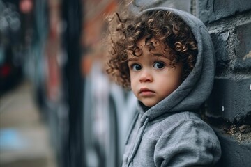 Portrait of a boy with curly hair in a hood on the street