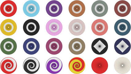 和傘、蛇の目傘、カラフルな日本の傘を真上から見た図案イラスト