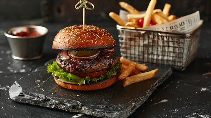 Luxurious Cheeseburger on Brioche Bun with Crispy Fries in Moody Tavern Setting,Hamburger whit meat, lettuce, tomato and and French fries on wooden table
 - obrazy, fototapety, plakaty