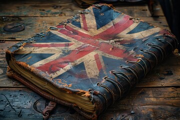 Studying English, British flag on an old shabby notebook. Generative AI