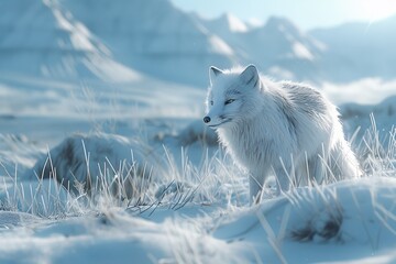 Fototapeta premium Arctic fox blending in snowy landscape, camouflaged with photorealistic colors in a cinematic shot