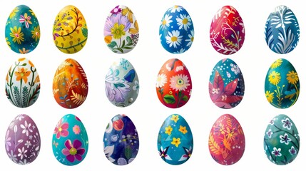 Collection of colourful hand painted decorated easter eggs on white background cutout file. Pattern and floral set. Many different design. Mockup template for artwork design