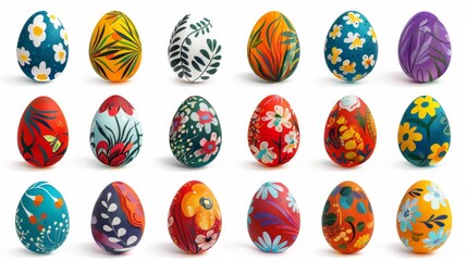 Collection of colourful hand painted decorated easter eggs on white background cutout file. Pattern and floral set. Many different design. Mockup template for artwork design
