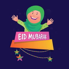 Eid Mubarak Greeting Card Design Cute Muslim Girl on Blue Background.