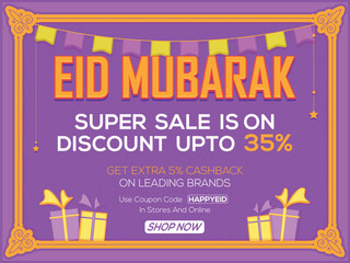 Creative super sale banner or poster for celebration of eid mubarak festival.