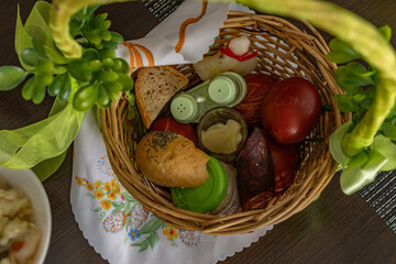 Wicker basket with food Easter decorations