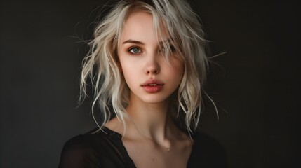 Fototapeta premium Stylish Blonde Woman in Smart Pose on Black Background