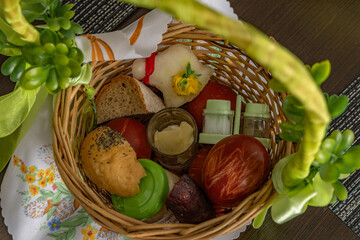 Wicker basket with food Easter decorations