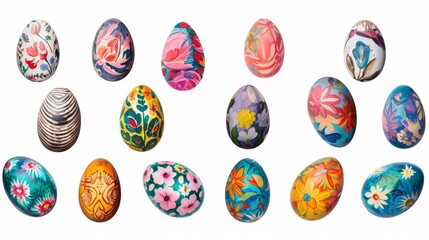 Collection of colourful hand painted decorated easter eggs on white background cutout file. Pattern and floral set. Many different design. Mockup template for artwork design