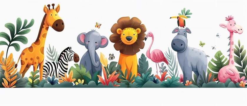 Set of precisely rendered wild animals and tropical trees drawn over a white setting, idyllic for nature-themed themes and space, Generative AI.