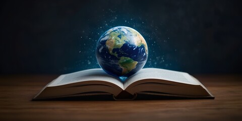 Earth Map on Open Book Background, World Book Day, International Literacy Day.