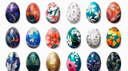 Collection of colourful hand painted decorated easter eggs on white background cutout file. Pattern and floral set. Many different design. Mockup template for artwork design