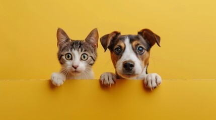 Cat and dog looking in the camera on yellow background