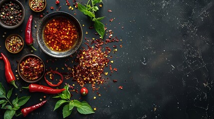 Spicy condiment portrayed in a bowl over a dark setting, assembled with an alloy of dry chili flakes, spicy oil, and raw hot peppers and space, Generative AI. - obrazy, fototapety, plakaty