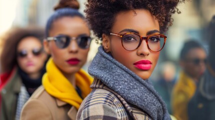 A group of women wearing glasses and scarves are standing in a line, AI - Powered by Adobe