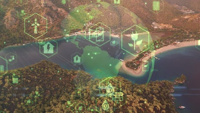 Green forest aerial view and environmental technology concept. Green tech. Ecology. Green transformation. GX. SDGs. High quality 4k footage