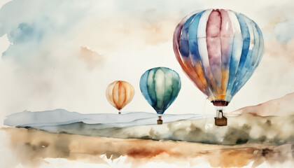 Fototapeta premium Tranquil Scene of Hot Air Balloons over Plains Watercolor Art