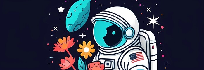 Banner for Cosmonautics Day. Astronaut in a spacesuit with flowers on a black background - obrazy, fototapety, plakaty