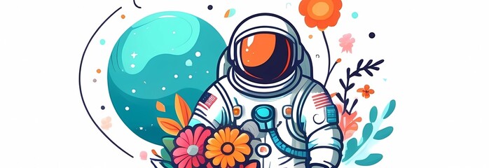 Banner. Astronaut with flowers on a white background