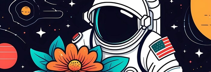 Banner for Cosmonautics Day. Astronaut in a spacesuit with flowers on a black background - obrazy, fototapety, plakaty
