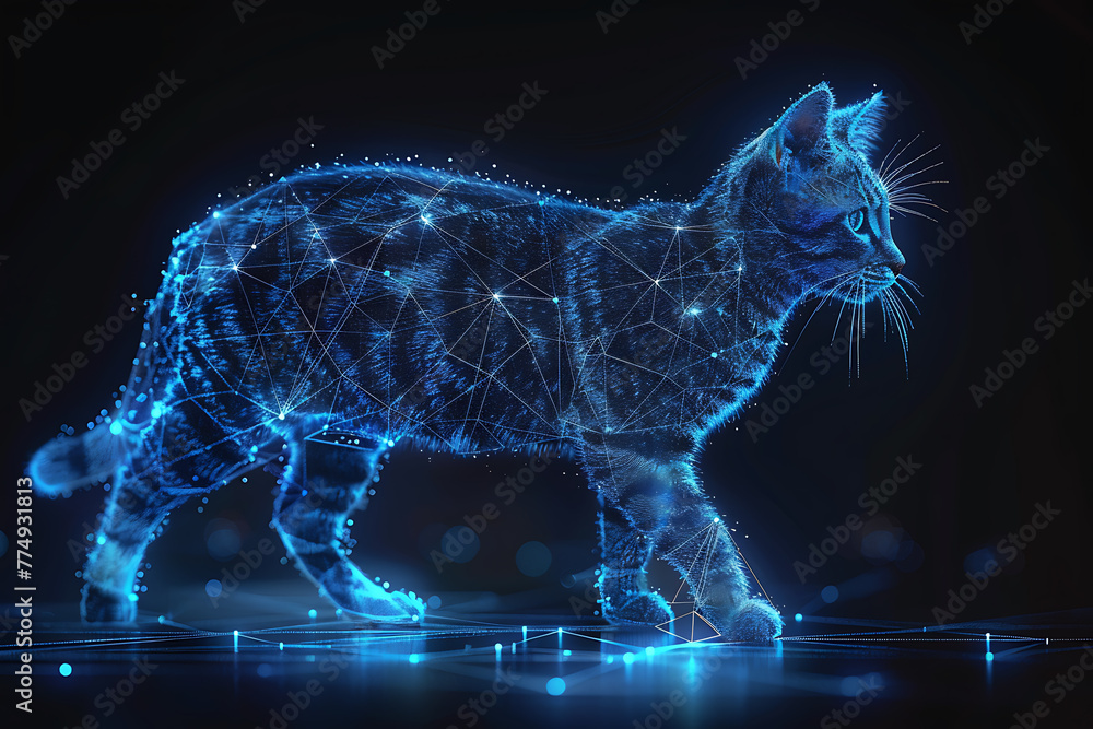 Poster cat. digital wireframe polygon illustration. technology of lines and points.