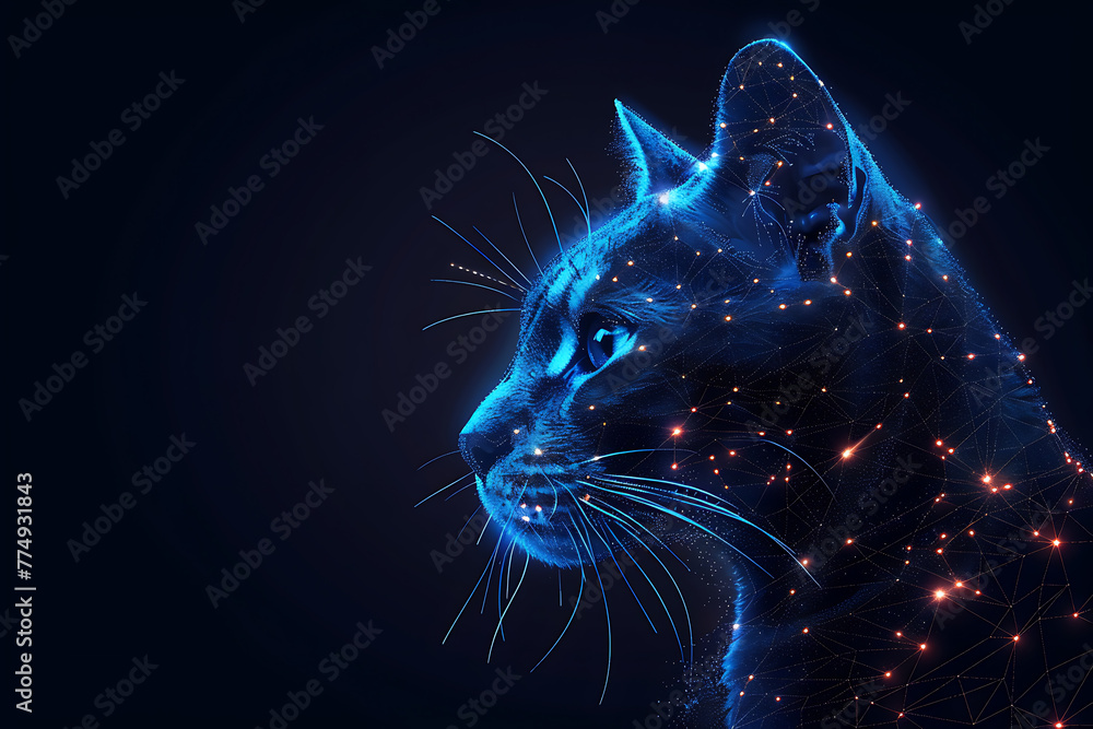 Poster cat. digital wireframe polygon illustration. technology of lines and points.