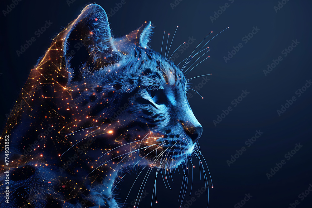 Poster cat. digital wireframe polygon illustration. technology of lines and points.